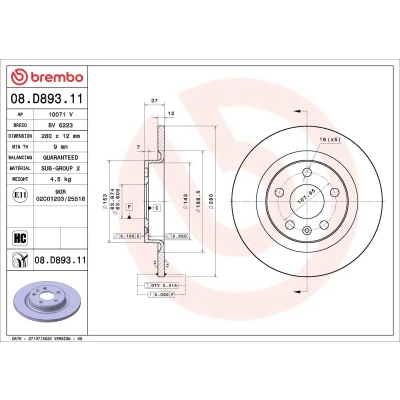 Kuva BREMBO 08.D893.11 Jarrulevyt 280 12 5 täysi pinnoitettu hiiliteräs VOLVO: XC40