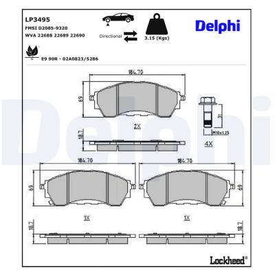 Kuva DELPHI LP3495 Jarrupalat akustisella kulumavaroittimella Huudonvaimennuspellillä Ilman tarvikkeita FORD: Ranger Mk3