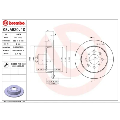 Kuva BREMBO 08.A920.10 Jarrulevyt 239 9 4 täysi Ruuveilla HONDA: Jazz 3, 2, CIVIC 6 Stufenheck