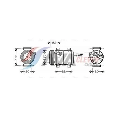 Kuva AVA COOLING SYSTEMS VOAK120 Ilmastoinnin Kompressori DKS 15CH 12V PAG 46 R134a kompressoriöljyllä, magneettikytkimellä, ilman diodia VOLVO: V70 2
