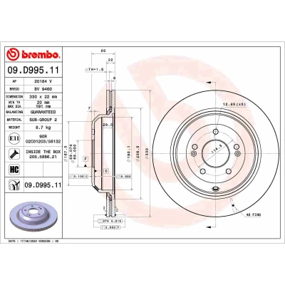 Kuva BREMBO 09.D995.11 Jarrulevyt 330 22 5 tuuletettu sisältä pinnoitettu hiiliteräs Ruuveilla KIA: Stinger Hatchback
