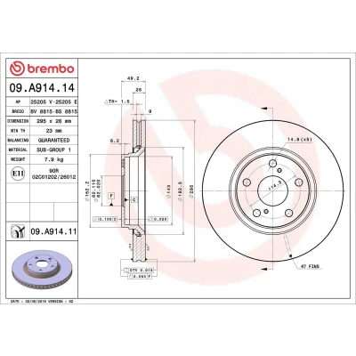 Kuva BREMBO COATED DISC LINE 09.A914.11 Jarrulevyt 295 26 5 tuuletettu sisältä pinnoitettu TOYOTA: Auris Hatchback, Corolla X Sedan