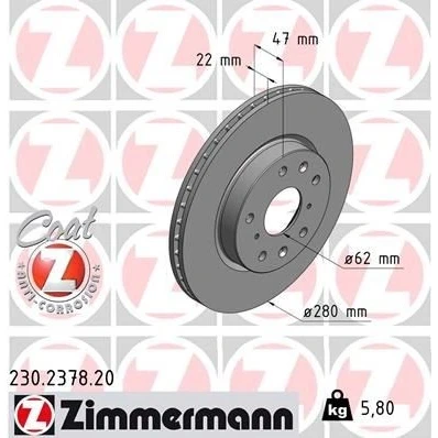 Kuva ZIMMERMANN COAT Z 230.2378.20 Jarrulevyt 280 22 9/5 5 114 tuuletettu sisältä pinnoitettu SUZUKI: SX4 I Hatchback, FIAT: Sedici