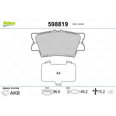 Kuva VALEO 598819 Jarrupalat Taka akseli Ilman kulumisenilmaisinta Huudonvaimennuspellillä TOYOTA: RAV4 III SUV, IV Camry V Sedan