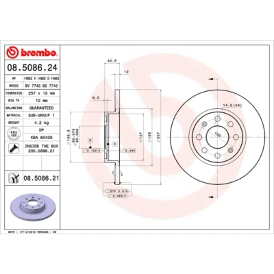 Kuva BREMBO COATED DISC LINE 08.5086.21 Jarrulevyt 257 12 4 täysi pinnoitettu Ruuveilla FIAT: Grande Punto Hatchback, Evo Hatchback
