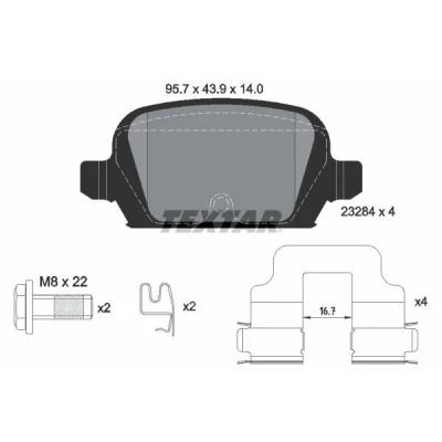 Kuva TEXTAR 2328404 Jarrupalat akustisella kulumavaroittimella Jarrusatulan ruuveilla Tarvikkeilla OPEL: Corsa C Hatchback, Tigra Twintop