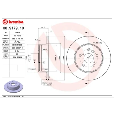 Kuva BREMBO 08.9179.10 Jarrulevyt 288 10 5 täysi TOYOTA: Camry IV Sedan, V III LEXUS: RX I