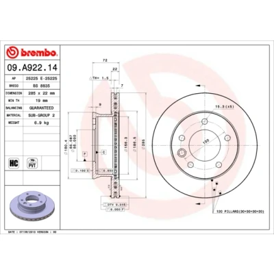 Kuva BREMBO 09.A922.14 Jarrulevyt 285 22 5 tuuletettu sisältä hiiliteräs MERCEDES BENZ: Sprinter 3 T Van, Bussi