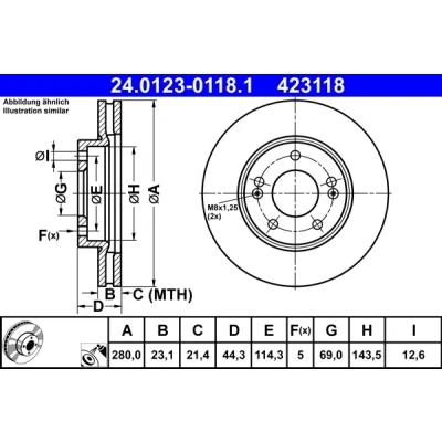 Kuva ATE 24.0123 0118.1 Jarrulevyt 280,0 23,1 5 114,3 Tuuletettu pinnoitettu Seostettu / hiilletty KIA: cee‘d II Sportswagon, Hatchback