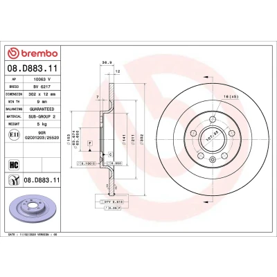 Kuva BREMBO 08.D883.11 Jarrulevyt 302 12 5 täysi pinnoitettu hiiliteräs VOLVO: XC40