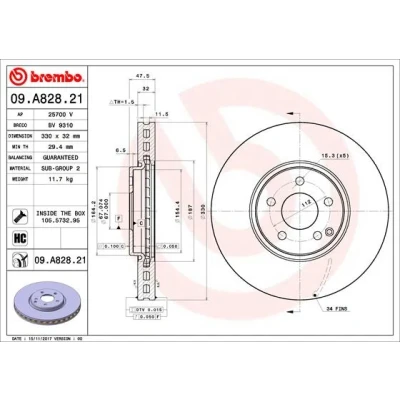 Kuva BREMBO 09.A828.21 Jarrulevyt 330 32 5 tuuletettu sisältä pinnoitettu hiiliteräs Ruuveilla MERCEDES BENZ: E sarja Sedan, T modell