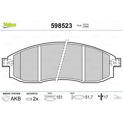 Kuva VALEO 598523 Jarrupalat Etuakseli Sis. kulumisenilmaisimen ilman huudonvaimennuspeltiä MITSUBISHI: L200 III Pick up, NISSAN: Maxima IV QX Sedan