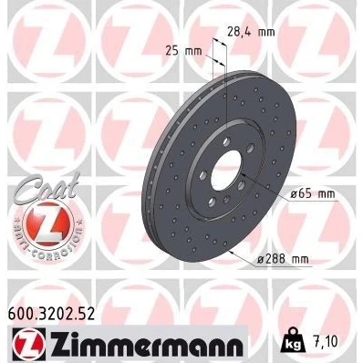 Kuva ZIMMERMANN SPORT COAT Z 600.3202.52 Jarrulevyt 288 25 6/5 5 100 Tuuletettu, ulko, reijitetty pinnoitettu hiiliteräs VOLKSWAGEN: GOLF 3