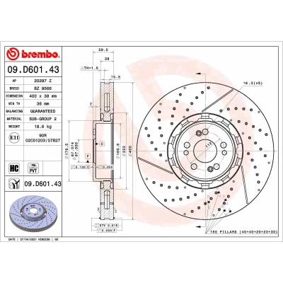 Kuva BREMBO 09.D601.43 Jarrulevyt 400 38 5 kaksiosainen jarrulevy, tuuletettu sisältä, uritettu/rei&#039;itetty pinnoitettu hiiliteräs
