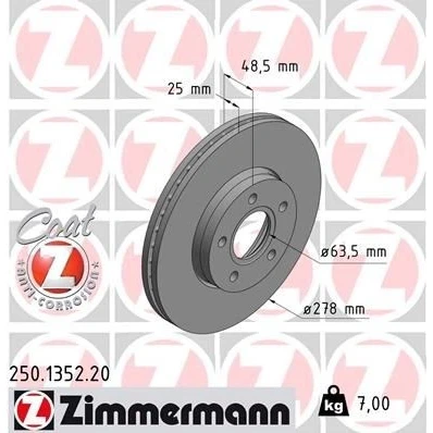 Kuva ZIMMERMANN COAT Z 250.1352.20 Jarrulevyt 278 25 5/5 5 108 tuuletettu sisältä pinnoitettu hiiliteräs FORD: FOCUS 2 Kombi, 2, 3 Turnier