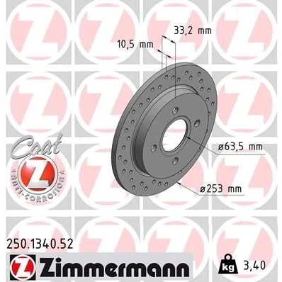 Kuva ZIMMERMANN SPORT COAT Z 250.1340.52 Jarrulevyt 253 10 4/4 4 108 täysi, reijitetty pinnoitettu FORD: FIESTA 6, 5, Focus Mk1 Farmari