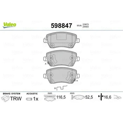 Kuva VALEO 598847 Jarrupalat Etuakseli Sis. kulumisenilmaisimen varmistusruuvisarjalla, Huudonvaimennuspellillä NISSAN: MICRA 4, SUZUKI: SWIFT 3