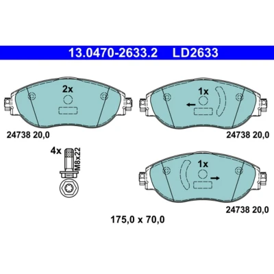 Kuva ATE 13.0470 2633.2 Jarrupalat Ei kulumisenilmaisimelle, ilman kulumisvaroitinkosketinta Jarrusatulan ruuveilla VOLKSWAGEN: Passat B8 Variant