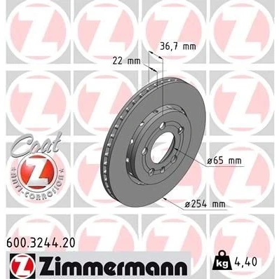 Kuva ZIMMERMANN COAT Z 600.3244.20 Jarrulevyt 254 22 6/5 5 100 Tuuletettu, ulko pinnoitettu hiiliteräs VOLKSWAGEN: Polo V Hatchback