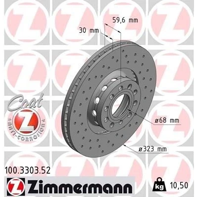 Kuva ZIMMERMANN SPORT COAT Z 100.3303.52 Jarrulevyt 323 30 10/5 5 112 Tuuletettu, ulko, reijitetty pinnoitettu hiiliteräs AUDI: A6 C4 Avant, A8 D3, D2