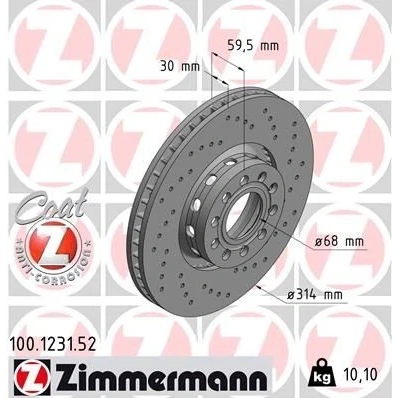 Kuva ZIMMERMANN SPORT COAT Z 100.1231.52 Jarrulevyt 314 30 10/5 5 112 Tuuletettu, ulko, reijitetty pinnoitettu hiiliteräs AUDI: A8 D2, A6 C4 Avant