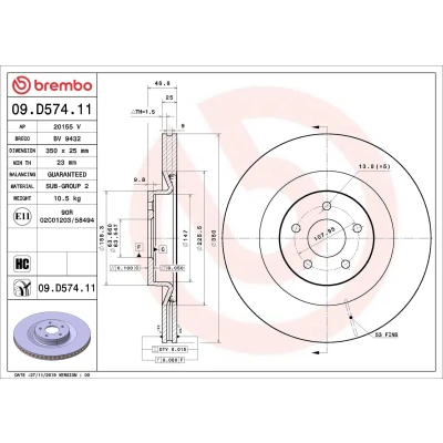 Kuva BREMBO 09.D574.11 Jarrulevyt 350 25 5 tuuletettu sisältä pinnoitettu hiiliteräs FORD: FOCUS 3