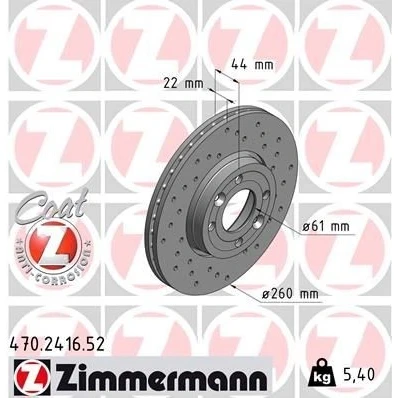 Kuva ZIMMERMANN SPORT COAT Z 470.2416.52 Jarrulevyt 260 22 6/4 4 100 Tuuletettu, ulko, reijitetty pinnoitettu hiiliteräs RENAULT: MEGANE 2 Stufenheck