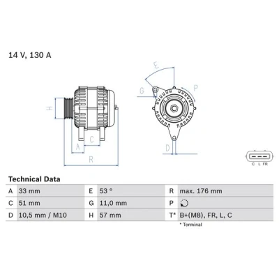 Kuva BOSCH 0 986 082 820 Laturi 14V 130A HYUNDAI: i20 I Hatchback, ix35, i40 Sedan, KIA: Optima / K5, cee‘d II Sportswagon, CARENS 4