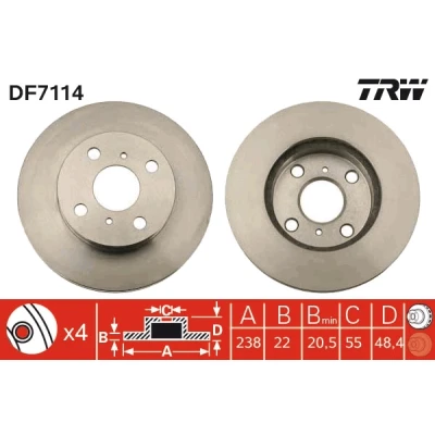 Kuva TRW DF7114 Jarrulevyt 238 22 4 100 Tuuletettu Lakattu TOYOTA: Corolla VII Sedan, VIII FX Hatchback