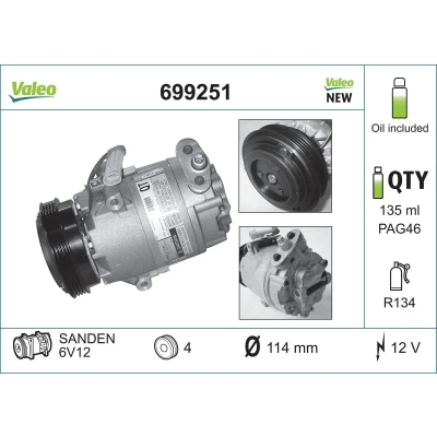Kuva VALEO 699251 Ilmastoinnin Kompressori 6V12 12 PAG 46 R 134a kompressoriöljyllä NEW ORIGINAL PART OPEL: Astra G CC, Corsa D Hatchback