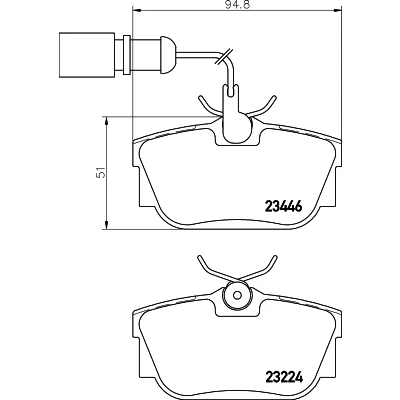 Kuva HELLA 8DB 355 018 571 Jarrupalat kulumisvaroitinkoskettimella Jarrusatulan ruuveilla Tarvikkeilla VOLKSWAGEN: TRANSPORTER 4, 4 Bus