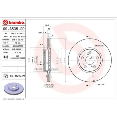 Kuva BREMBO COATED DISC LINE 09.A535.21 Jarrulevyt 275 22 5 tuuletettu sisältä pinnoitettu TOYOTA: Corolla X Sedan, Urban Cruiser, XI Sedan