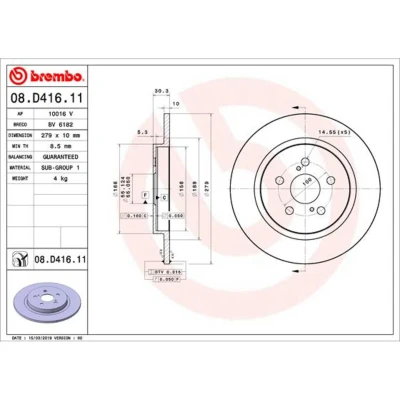 Kuva BREMBO 08.D416.11 Jarrulevyt 279 10 5 täysi pinnoitettu TOYOTA: Urban Cruiser, LEXUS: CT