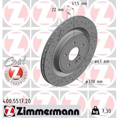 Kuva ZIMMERMANN 400.5517.20 Jarrulevyt 330 22 6/5 5 112 tuuletettu sisältä, uritettu/rei&#039;itetty pinnoitettu hiiliteräs MERCEDES BENZ: CLA Coupe