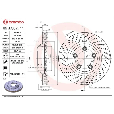 Kuva BREMBO 09.D932.11 Jarrulevyt 340 34 5 rei&#039;itetty/tuuletettu sisältä pinnoitettu hiiliteräs Ruuveilla