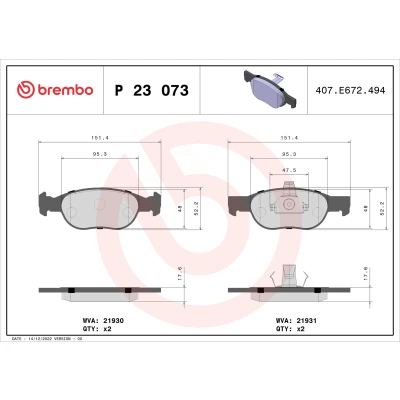Kuva BREMBO P 23 073 Jarrupalat Ilman kulumisenilmaisinta Männän lukoilla tarvikkeita FIAT: Punto II Hatchback
