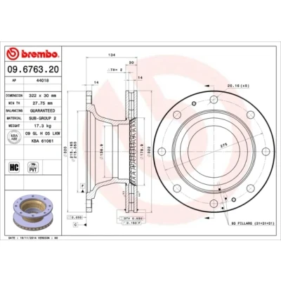Kuva BREMBO 09.6763.20 Jarrulevyt 322 30 8 tuuletettu sisältä hiiliteräs
