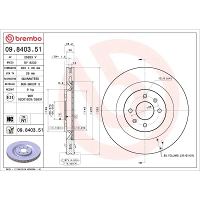 Kuva BREMBO COATED DISC LINE 09.8403.51 Jarrulevyt 323 28 4 tuuletettu sisältä pinnoitettu hiiliteräs PEUGEOT: 208 I Hatchback, CITROËN: DS3 Hatchback