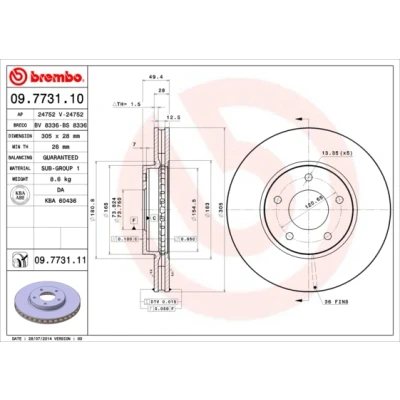 Kuva BREMBO COATED DISC LINE 09.7731.11 Jarrulevyt 305 28 5 tuuletettu sisältä pinnoitettu JAGUAR: XK 8 Cabriolet, XJ Sedan, Coupe
