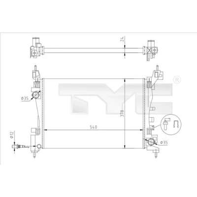 Kuva TYC 725 0044 R Jäähdytin 540 378 23 Jäähdytysrivat mekaan. kiinnitetyt OPEL: Corsa D Hatchback, E Hatchback