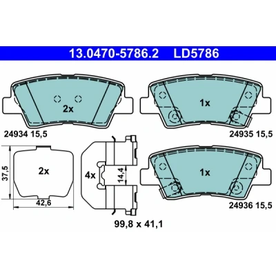 Kuva ATE Ceramic 13.0470 5786.2 Jarrupalat akustisella kulumavaroittimella Huudonvaimennuspellillä Tarvikkeilla HYUNDAI: Tucson, Sonata V, ix35