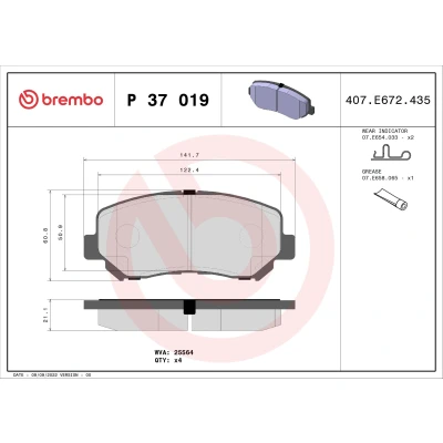 Kuva BREMBO P 37 019 Jarrupalat akustisella kulumavaroittimella Huudonvaimennuspellillä Tarvikkeilla JEEP: Cherokee V