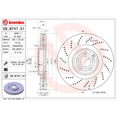 Kuva BREMBO COATED DISC LINE 09.B747.51 Jarrulevyt 360 36 5 rei&#039;itetty/tuuletettu sisältä pinnoitettu hiiliteräs Ruuveilla MERCEDES BENZ: CLS Coupe