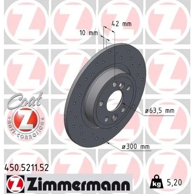 Kuva ZIMMERMANN 450.5211.52 Jarrulevyt 300 10 6/5 5 108 täysi, reijitetty pinnoitettu JAGUAR: