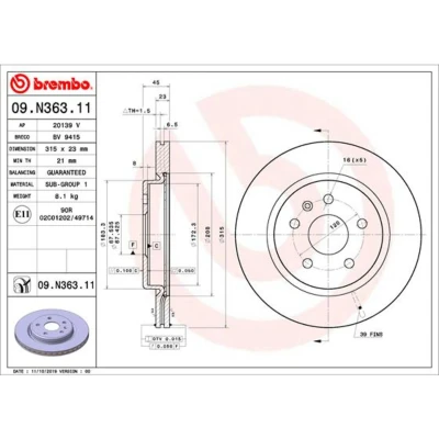 Kuva BREMBO 09.N363.11 Jarrulevyt 315 23 5 tuuletettu sisältä pinnoitettu OPEL: Insignia B Grand Sport, Sports Tourer