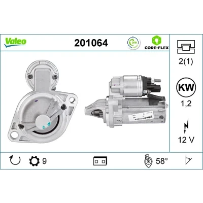 Kuva VALEO 201064 Starttimoottori 12 1,2 9 R 58 76 BMW: 5 Touring, 3 Sedan