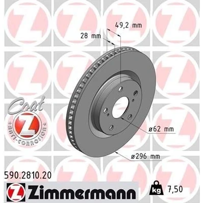 Kuva ZIMMERMANN COAT Z 590.2810.20 Jarrulevyt 296 28 7/5 5 114 tuuletettu sisältä pinnoitettu TOYOTA: RAV4 III SUV, IV Auris Farmari