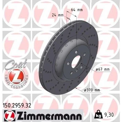 Kuva ZIMMERMANN Jarrulevy BMW: 5 Sedan, Touring, 7 370mm 24mm 6/5 aukko 112mm tuuletettu sisältä, upotettu pinnoitettu hiiliteräs 150.2959.32