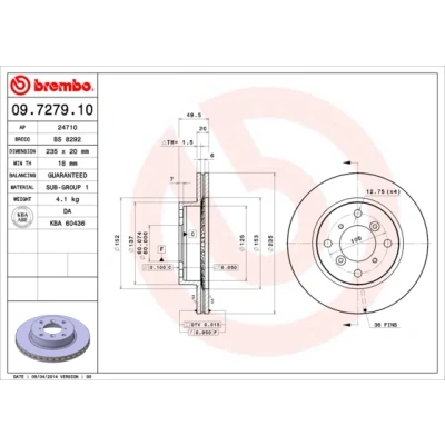 Kuva BREMBO 09.7279.10 Jarrulevyt 235 20 4 tuuletettu sisältä SUZUKI: SWIFT 2, Baleno I Sedan