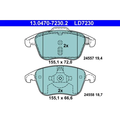 Kuva ATE Ceramic 13.0470 7230.2 Jarrupalat Ei kulumisenilmaisimelle, Ilman kulumisenilmaisinta PEUGEOT: 307 Hatchback, 308 I SW, Hatchback
